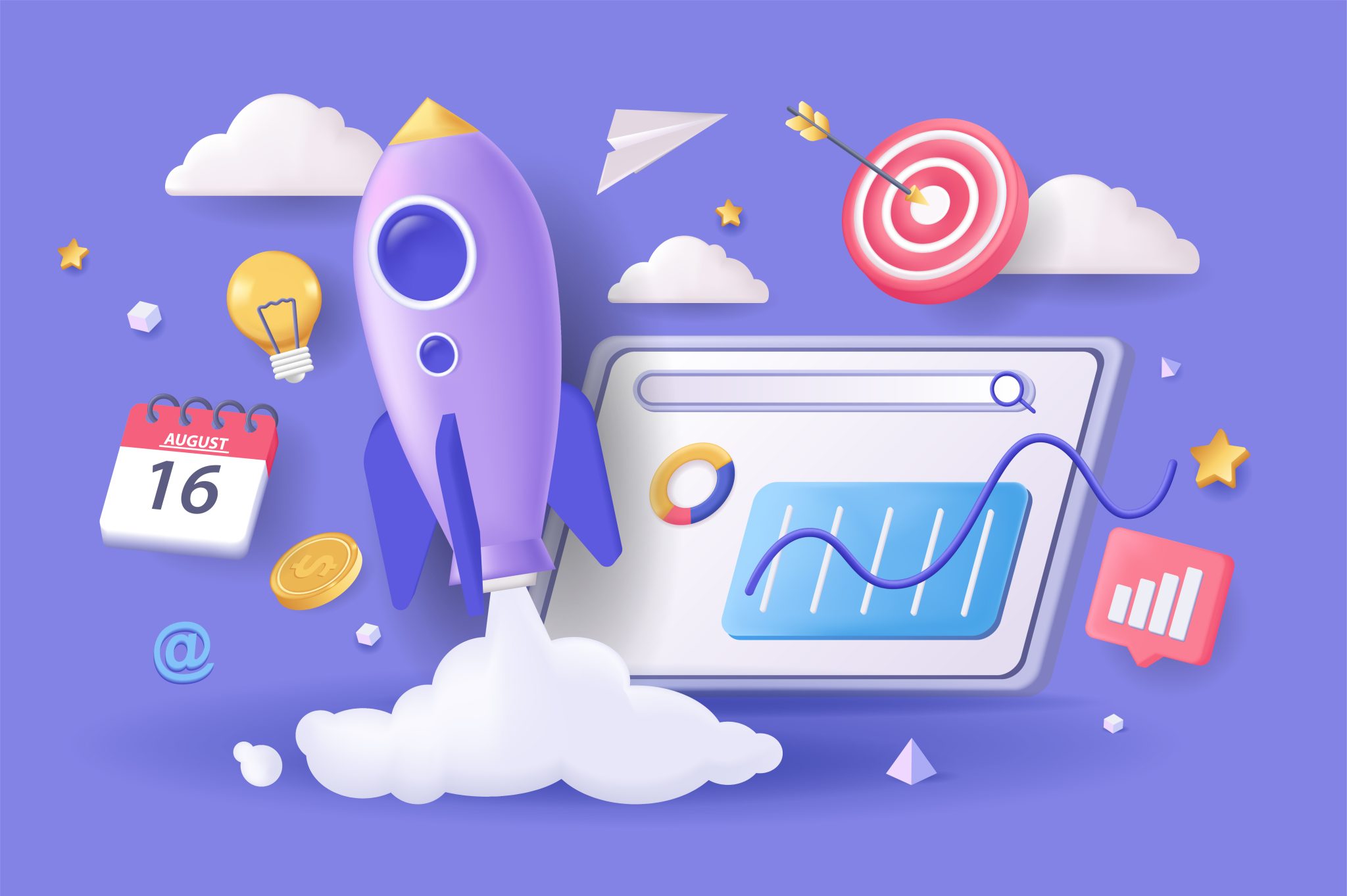 Startup concept 3D illustration. Icon composition with data statistics at dashboard, flying rocket, target and calendar. Brainstorm and develop business. Vector illustration for modern web design